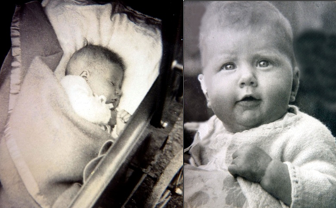 Left: Asleep in my pram. Right: Aged 4 months with my mother